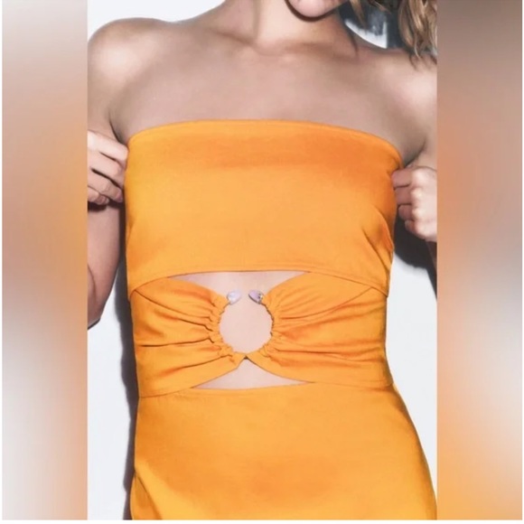 ZARA | NWT ORANGE CUT OUT STRAPLESS METAL RING DRESS STRETCHY SEXY BODY CON - Picture 7 of 15